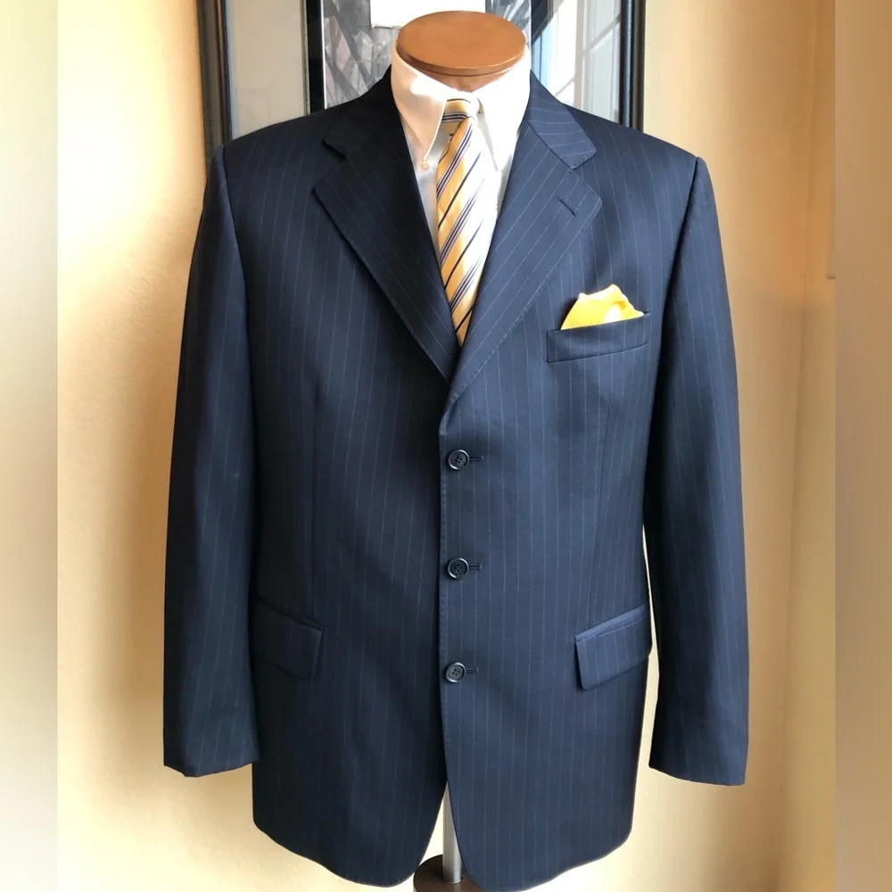 Emilio Yuste Wool 2 Piece Navy Blue Pinstripe Suit Size 42R Slacks W35” L29.5”